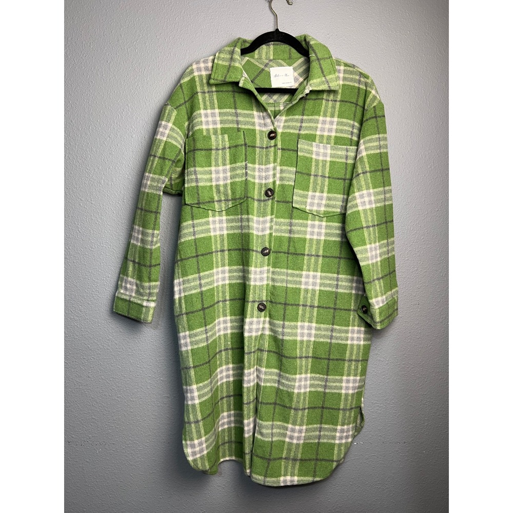 Active USA Green Plaid Longline Shacket Wool Blend Button Up Jacket J13260 Small